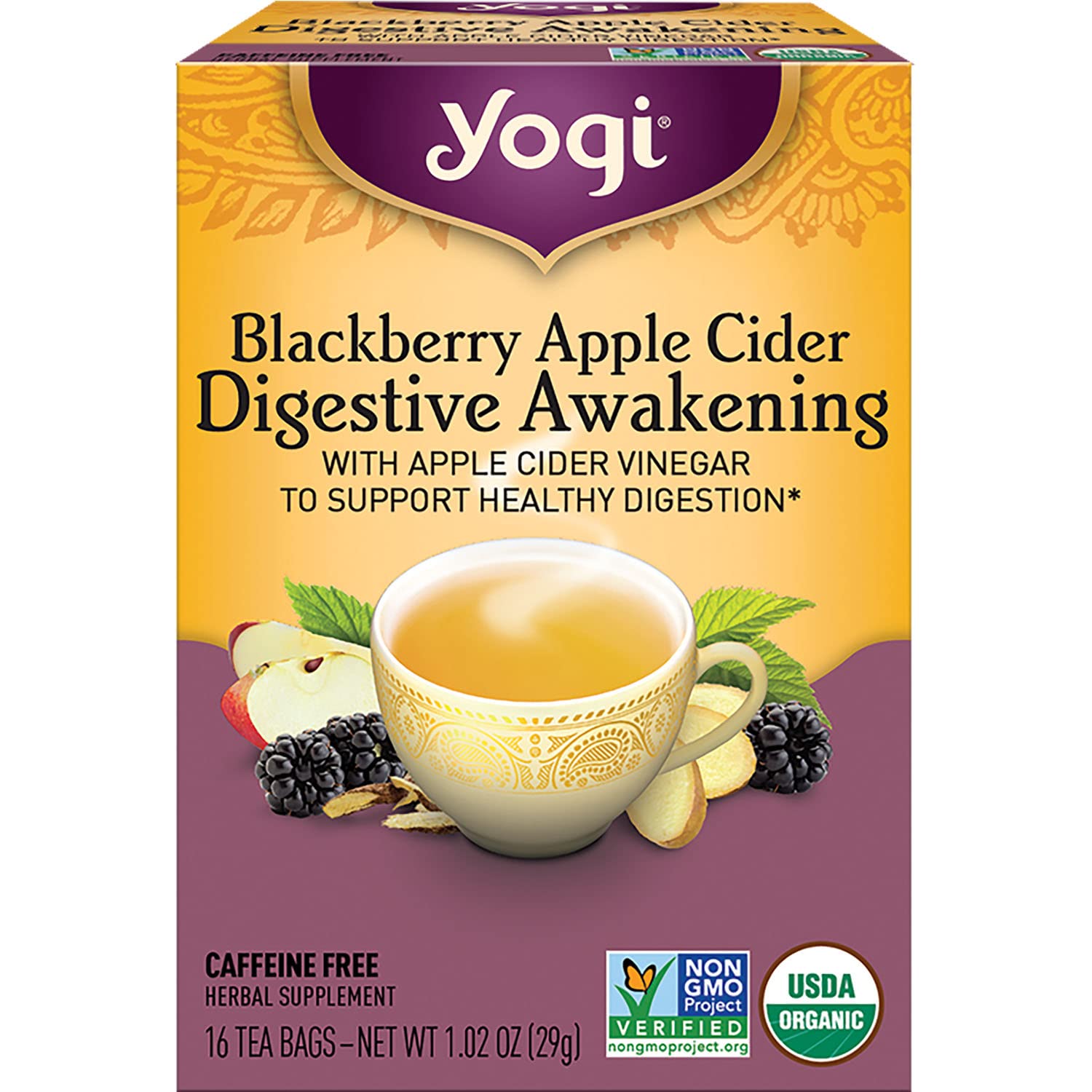 Yogi Organic Blackberry Apple Cider Digestive Awakening Herbal Tea, Caffeine Free, 16 Counts (Pack Of 6)