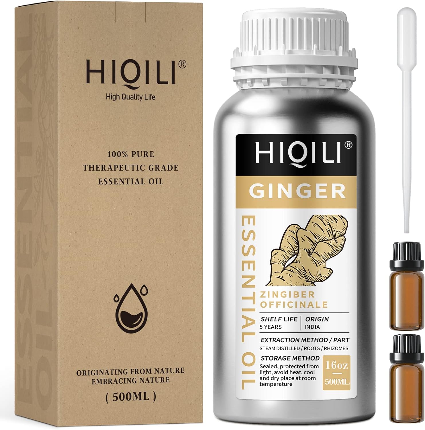 HIQILI 16 Fl Oz Ginger Oil, 100% Pure Natural Ginger Essential Oil for Hair, Massage, Skin - 500ML
