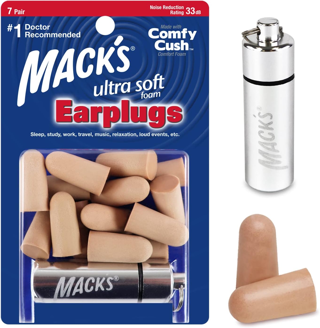 Mack?s Ultra Soft Foam Earplugs, 7 Pair + Case ? 33 dB Highest NRR, Comfortable Ear Plugs for Sleeping, Snoring, Travel, Concerts, Studying and Noise