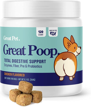 Great Poop Probiotics for Dogs - Fiber for Dogs Supplement with Dog Probiotics and Digestive Enzymes for a Healthy Gut, Firm Stool & Diarrhea Relief - Chicken Flavored Pet Soft Chews with Prebiotics