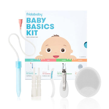 Frida Baby Basics Kit | Baby Essentials Kit Includes Nasal Aspirator Snotsucker, Nailfrida Nail Files, Windi Gas Relief, Dermafrida Bath Brush + Silicone Carry Case