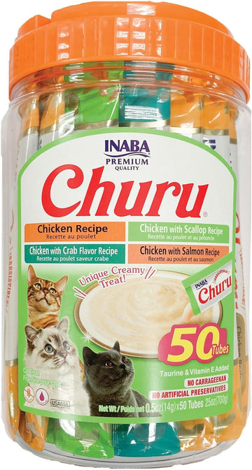 INABA Churu Cat Treats, Grain-Free, Lickable, Squeezable Creamy Purée Cat Treat/Topper with Vitamin E & Taurine, 0.5 Ounces Each Tube, 50 Tubes, Chicken & Seafood Variety