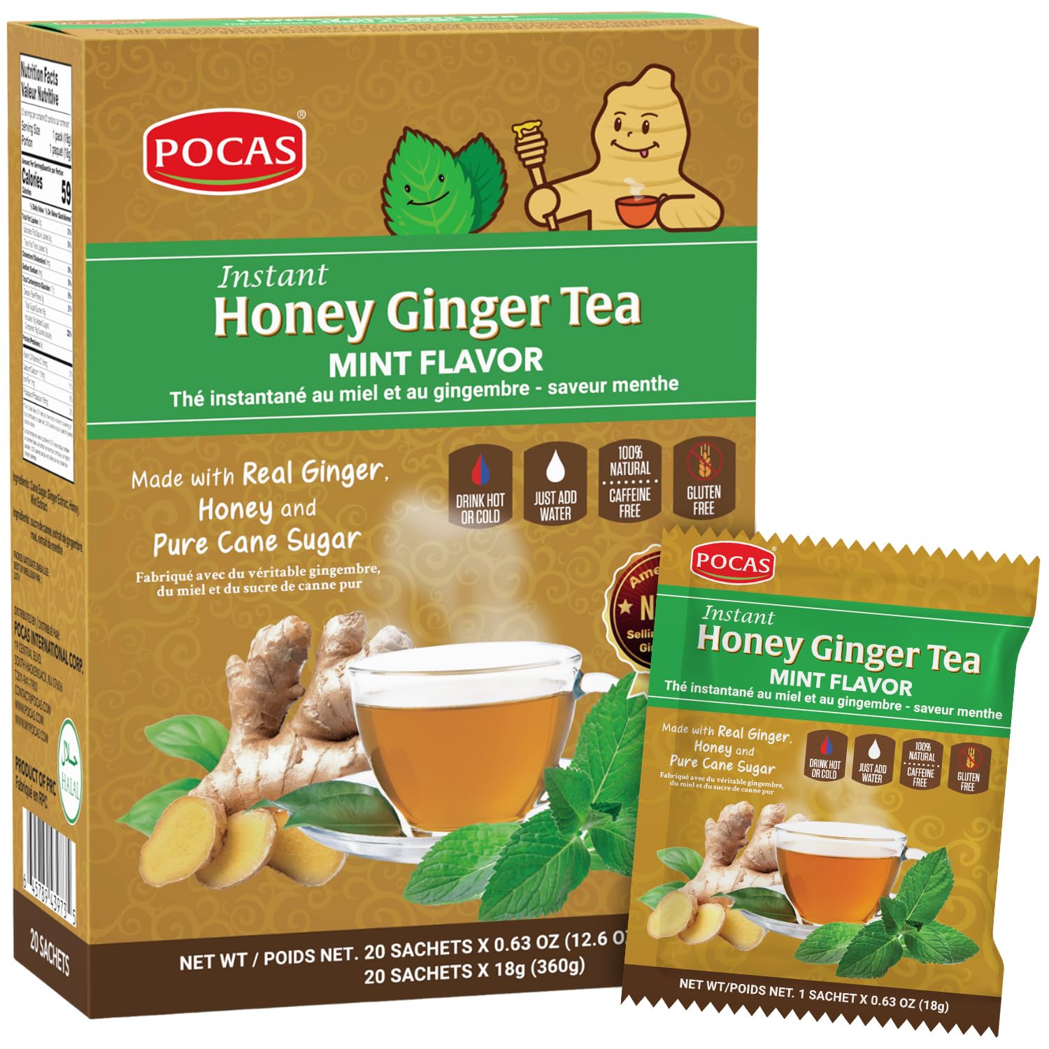 Pocas Honey Ginger Tea - Instant Tea Powder Packets With Mint & Ginger Honey Crystals, Non-Gmo/Gluten Free/Caffeine Free, 20 Count