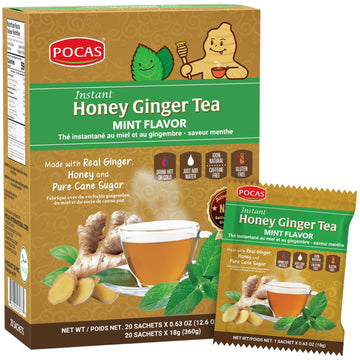 Pocas Honey Ginger Tea - Instant Tea Powder Packets With Mint & Ginger Honey Crystals, Non-Gmo/Gluten Free/Caffeine Free, 20 Count