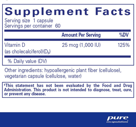 Pure Encapsulations Vitamin D3 25 mcg (1,000 IU) - Supplement to Support Bone, Joint, Breast, Heart, Colon & Immune Health - with Premium Vitamin D Capsules