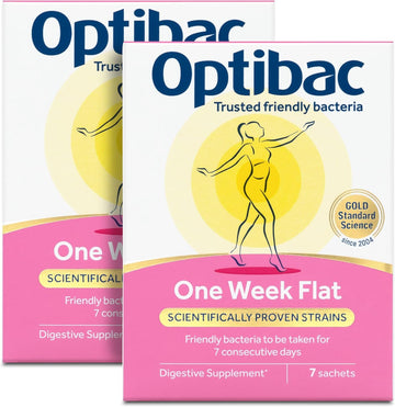 Optibac Probiotics One Week Flat - Vegan Digestive Probiotic Supplement Suitable For Bloating With 5 Billion Bacterial Cultures - 2 Week Supply, 14 Sachets