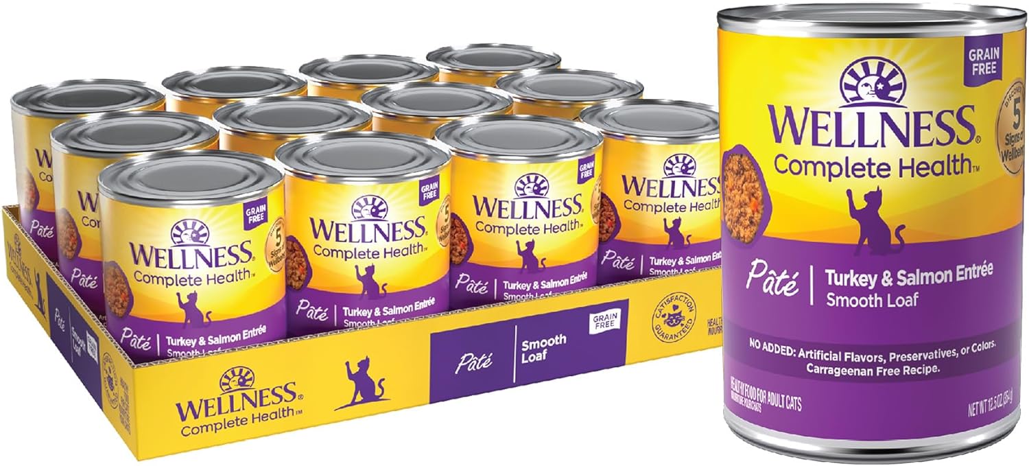 Wellness Complete Health Grain-Free Wet Canned Cat Food, Natural Ingredients, Made With Real Meat, All Breeds, Smooth Pate (Turkey & Salmon, 12.5-Ounce Can, Pack Of 12)