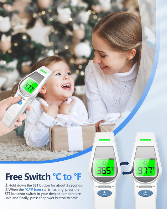 Forehead Thermometer for Kids and Adults, HealthTree No Touch Forehead Thermometer for Baby, 2 in 1 Digital Infrared Head Thermometer with Fever Alarm, Mute and Memory Functions