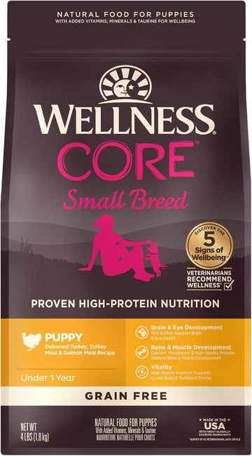 Wellness Natural Pet Food Core Grain-Free High-Protein Small Breed Dry Dog Food, Natural Ingredients, Made In Usa With Real Meat (Puppy, Turkey, 4-Pound Bag)