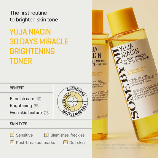 Some By Mi Yuja Niacin 30 Days Miracle Brightening Toner - 5.07Oz, 150Ml - 5% Niacinamide And 12 Vitamin Face Toner For Brightening - Blemish And Melasma Care For Dull-Looking Skin - Korean Skin Care