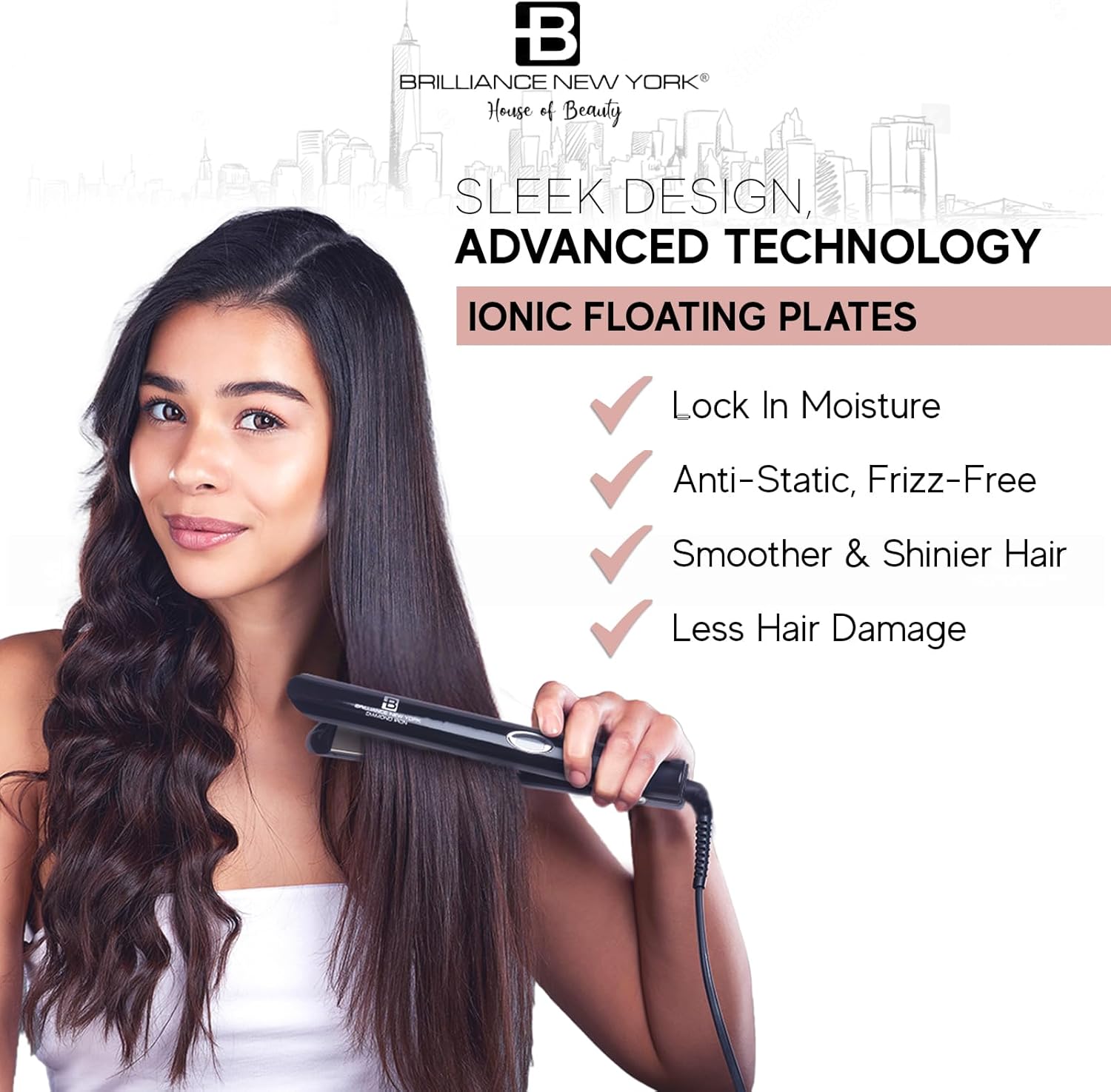 Brilliance New York - 1 Inch Pro Diamond Titanium Flat Iron - 2 In 1 Hair Straightener And Curler - Anti-Static, Frizz-Free Ionic Plates - Auto Shut-Off Dual Voltage Flat Iron W/Lcd Display : Beauty & Personal Care