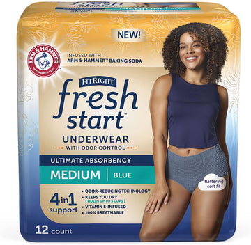 FitRight Fresh Start Incontinence and Postpartum Underwear for Women, Medium, Blue (12 Count) Ultimate Absorbency, Disposable Underwear with The Odor-Control Power of ARM & Hammer