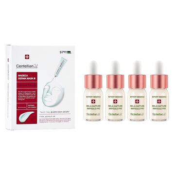 Centellian 24 Set - Expert Serum (Season 3, 0.33Fl Oz X 4 Sets) + Madeca Derma Face Mask (Intensive, 10Pc) For Soothing, Hydrating & Dark Spot Correction. Korean Skincare With Centella Asiatica, Madec