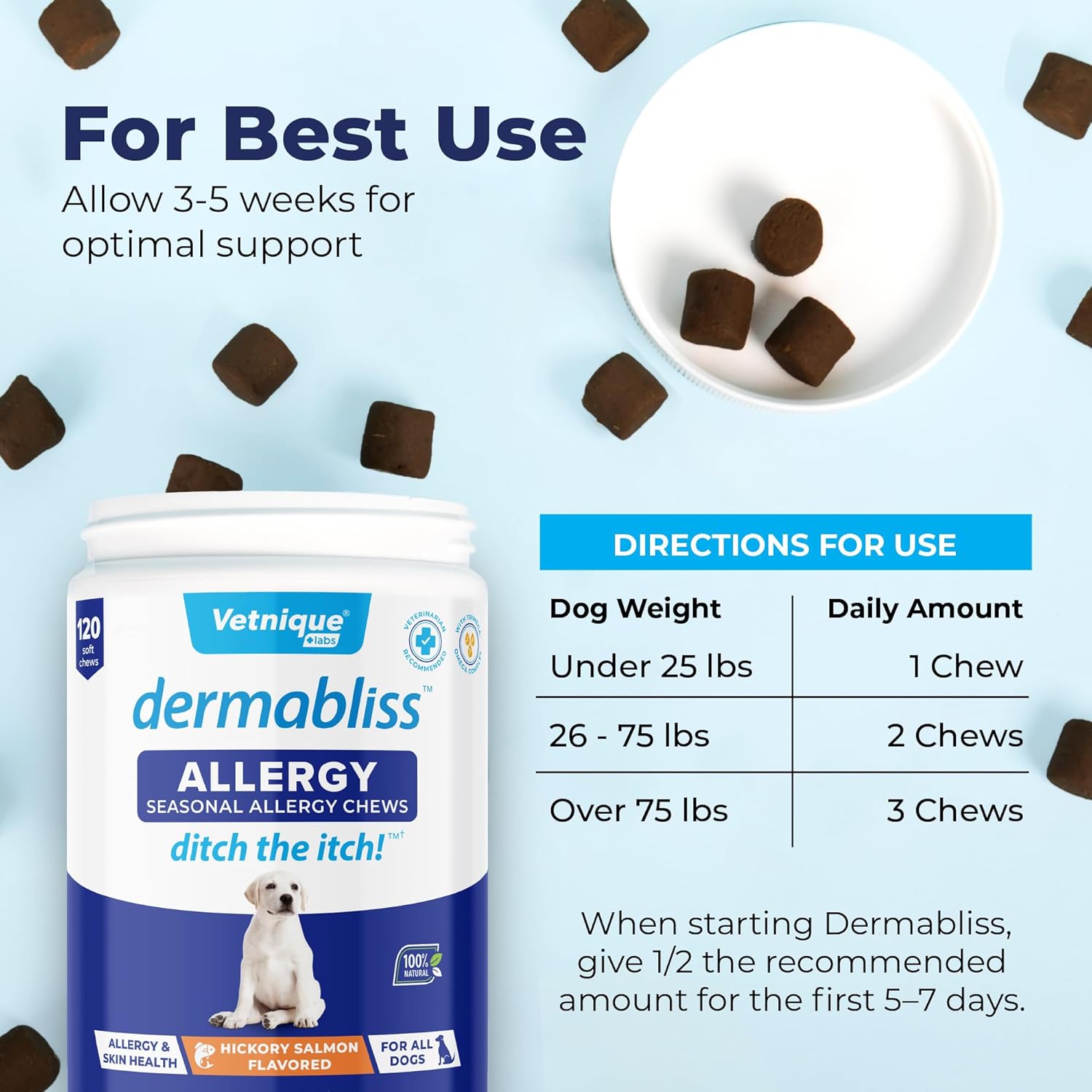 Vetnique Dermabliss Dog Allergy Relief & Immune Support Supplement Allergy Chews for Dogs Itching and Licking with Omega 3 Fish Oil & Probiotics for Itch Relief - Vet Recommended (120ct Chews) : Pet Supplies