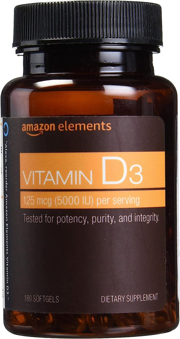 Amazon Elements Vitamin D3, 5000 Iu, 180 Softgels, 6 Month Supply (Packaging May Vary), Supports Strong Bones And Immune Health