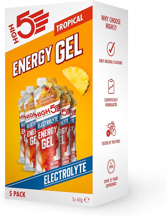 High5 Energy Gels With Electrolytes - Quick Release Sports Gels For Peak Performance - Natural Fruit Juice & Caffeine-Free - Energy Boost For Running, Cycling, Endurance (Tropical, 5 X 60G)