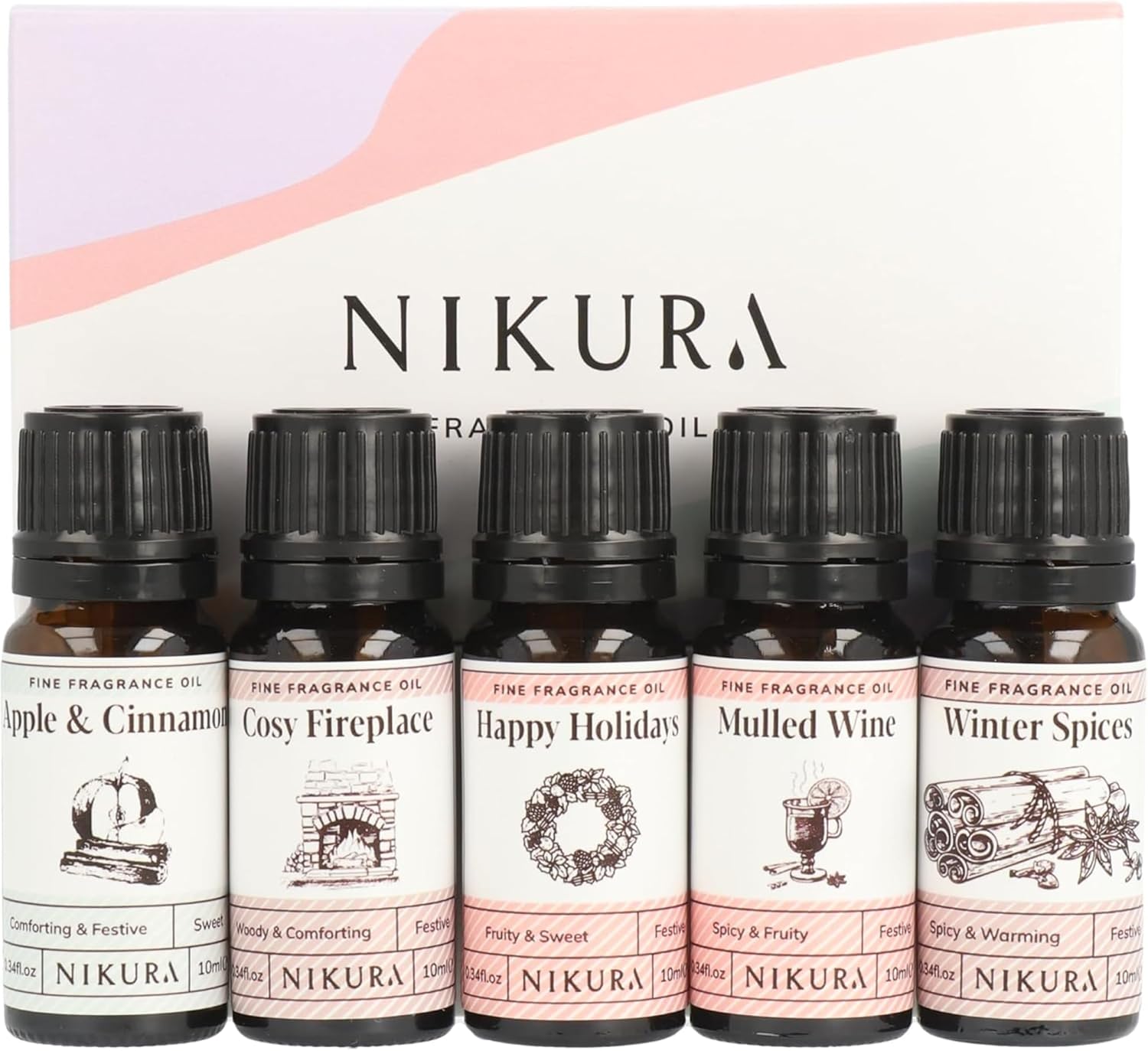 Nikura Winter Cosy Night In Fine Fragrance Oil Gift Set - 5 X 10Ml | Perfect For Diffusers For Home, Soap & Candle Making, Wax Melts, Burner | For Use In Bath Bombs, Perfume Scents | Uk Made