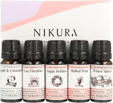 Nikura Winter Cosy Night In Fine Fragrance Oil Gift Set - 5 X 10Ml | Perfect For Diffusers For Home, Soap & Candle Making, Wax Melts, Burner | For Use In Bath Bombs, Perfume Scents | Uk Made