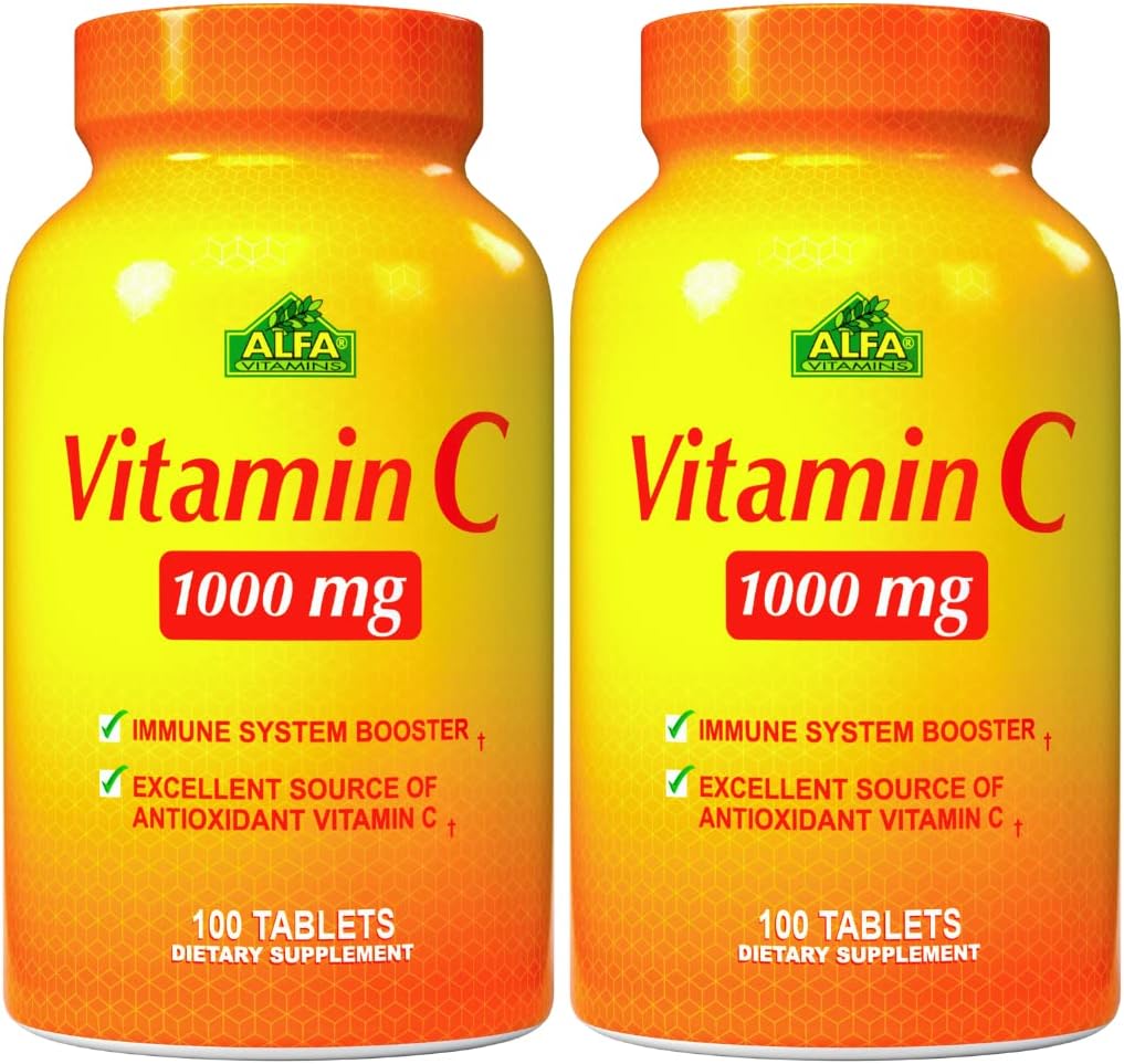ALFA VITAMINS Vitamin C Supplement with 1000mg - Powerful antioxidant - Immune Booster - Protection from Common Cold - Promotes Healthy Skin - 100 Tablets Bottle - 2 Pack