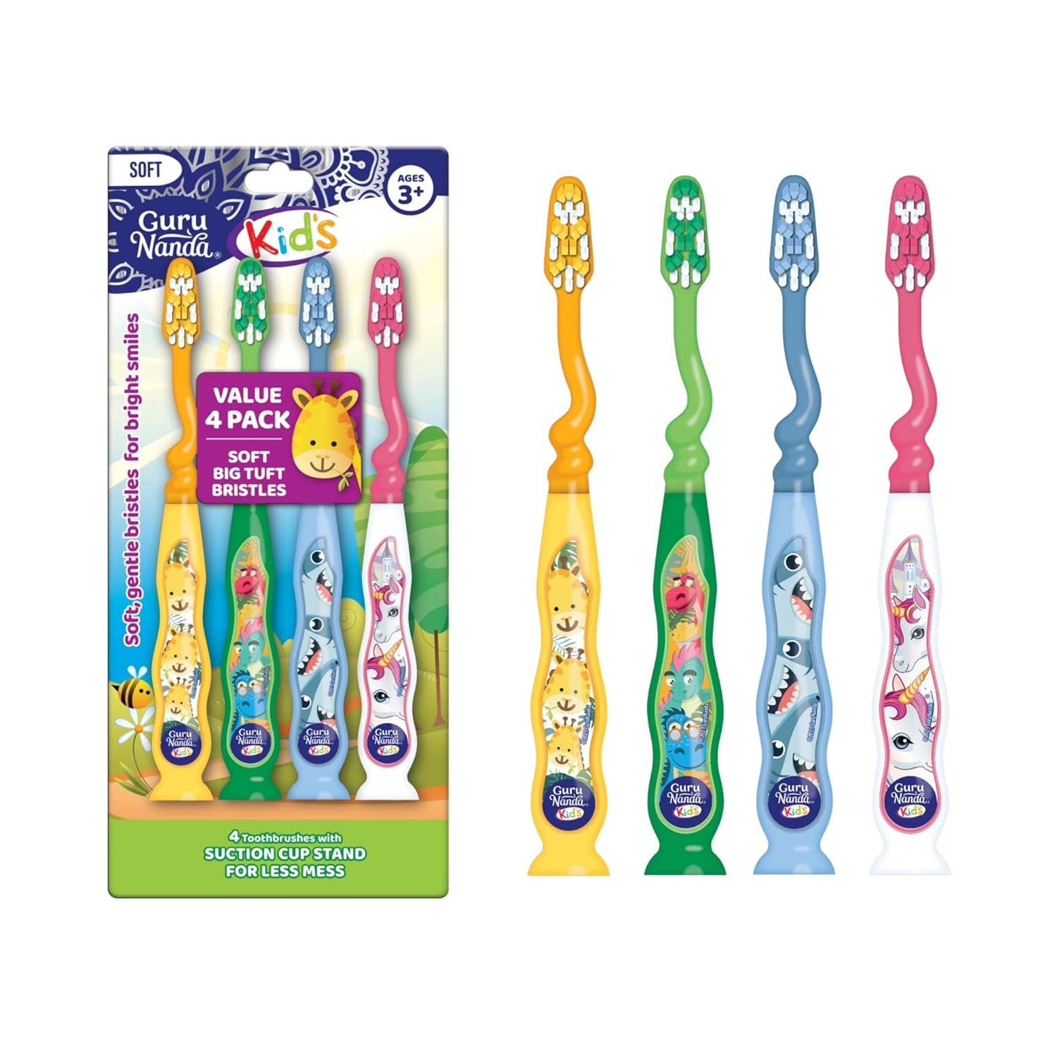 Gurunanda Kids Toothbrush With Suction Cup & Fun Animal Designs - Soft Bristles For Healthy Gums- Non-Slippery & Mess-Free Toothbrush, 3+ Age- 4 Count