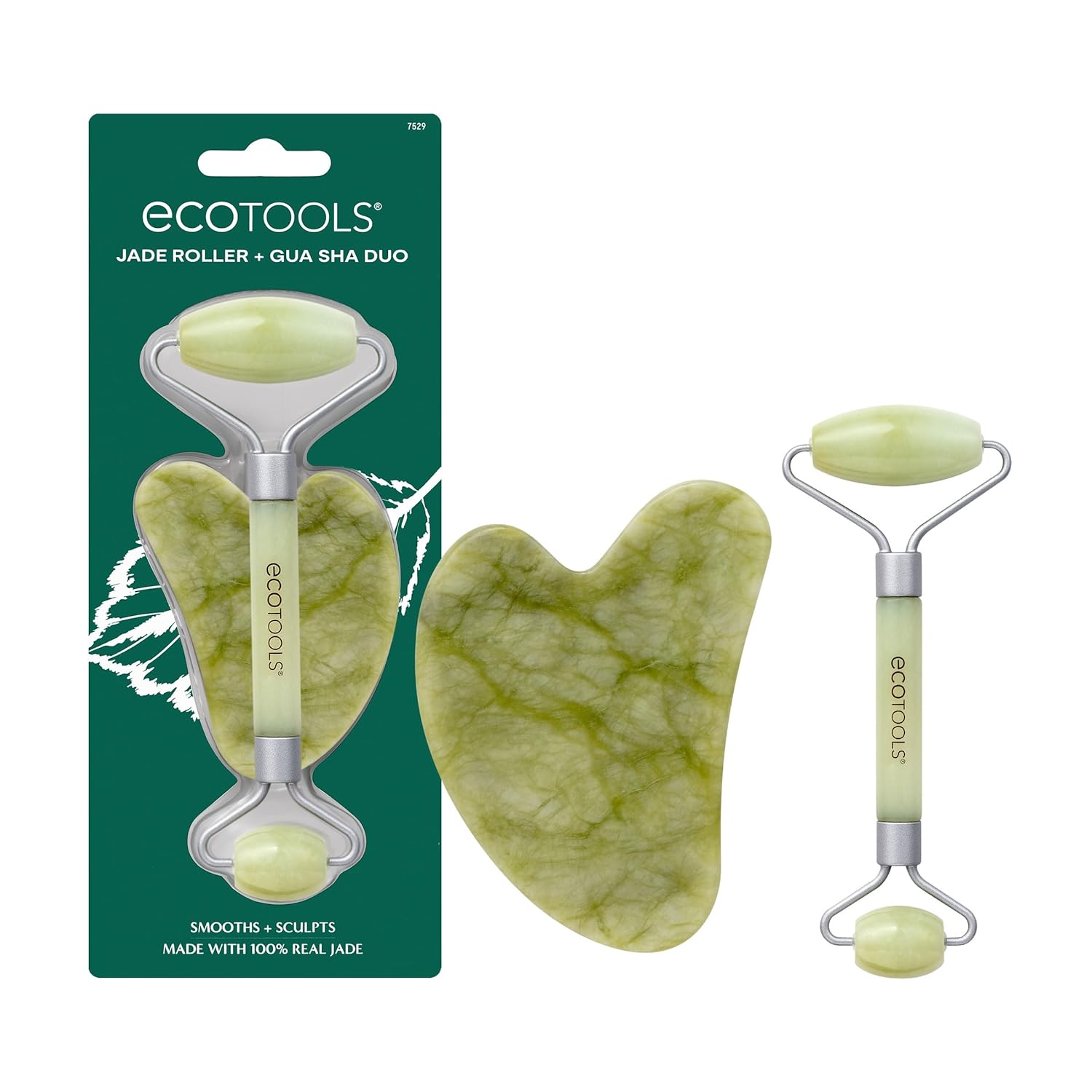 Ecotools Beauty Skin Care Tool Jade Facial Roller And Gua Sha Stone Duo, Face Roller And Massager, Skincare And Sculpting Tools, Green, Promotes Healthy Skin, Massager, 2 Piece Set, 1 Count