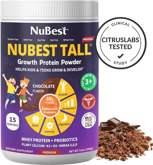 Nubest Tall Vanilla Plant-Based Protein Powder For Kids & Teens - Healthy & Immunity With Probiotics, Omega 3-6-9, Vitamin D3 + K2, Calcium & Vitamins - 10 Servings | 2 Week Supply