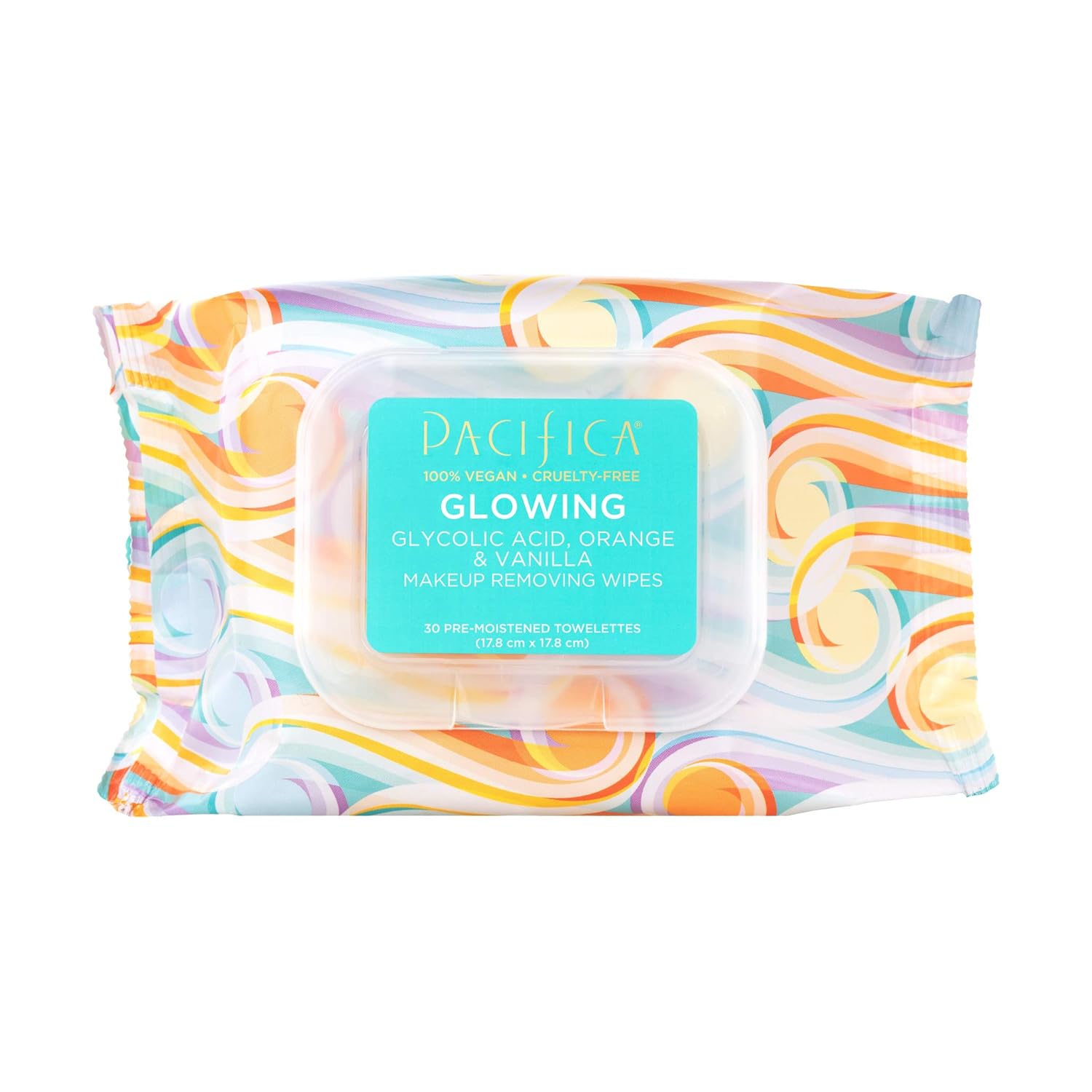 Pacifica Beauty Glowing Glycolic Acid, Orange, Vanilla Makeup Removing Wipes, Skincare, Aha, Aloe, Daily Cleansing, Face Wipes, Face Towelettes, Makeup Remover Cloth, Vegan, 30 Count (1 Pack)