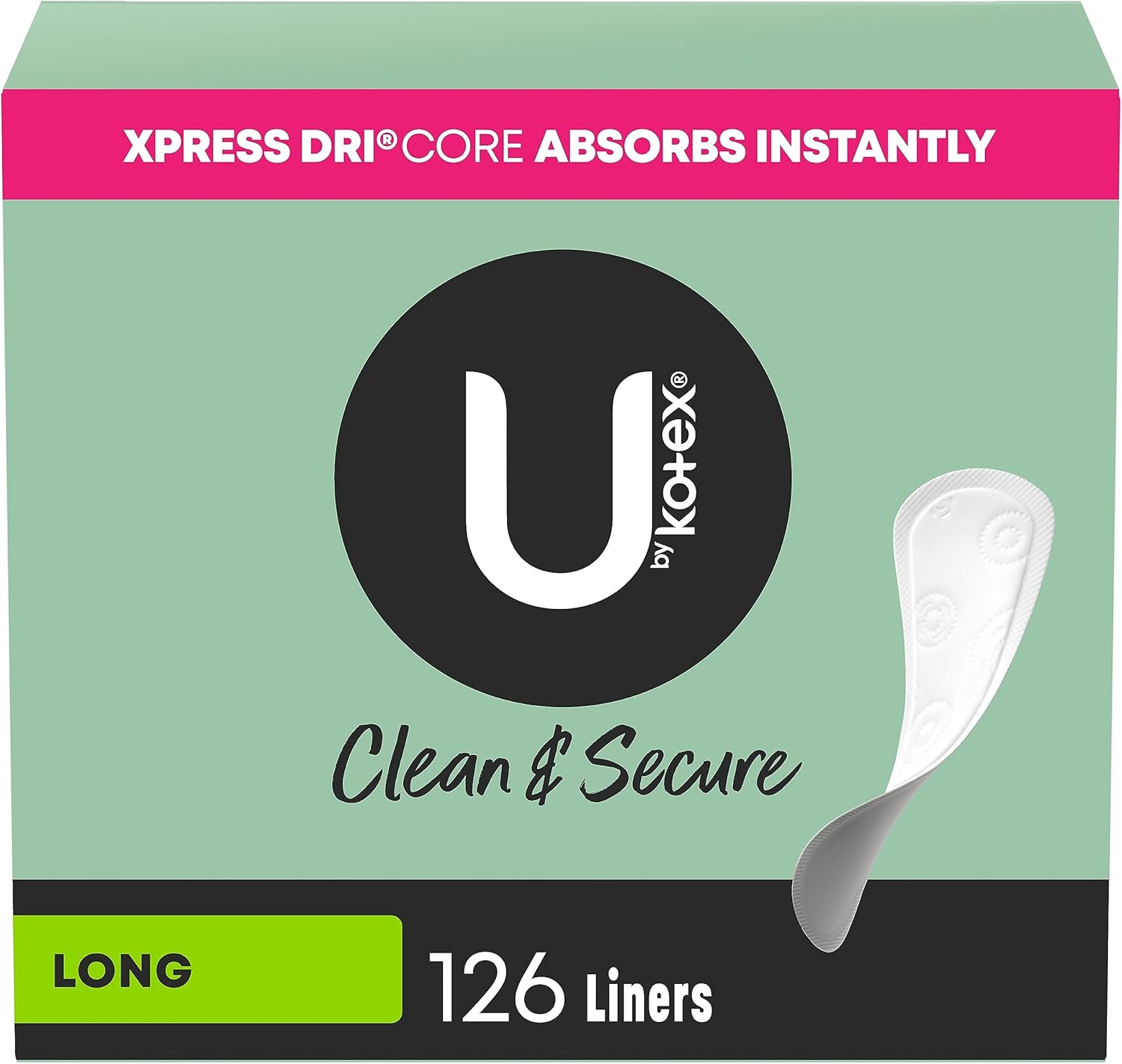 U By Kotex Clean & Secure Panty Liners, Light Absorbency, Long Length, 126 Count (Packaging May Vary)