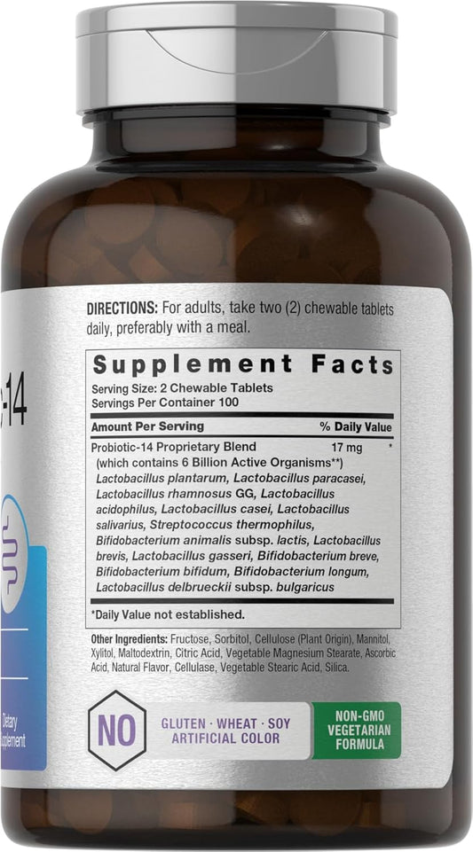 Horbäach Probiotics 6 Billion Cfus | 200 Chewable Tablets | Berry Flavor | 14 Probiotic Strains | Vegetarian, Non-Gmo & Gluten Free Supplement For Men & Women