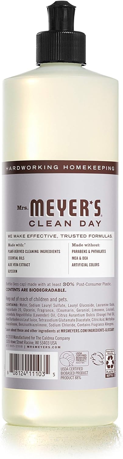 MRS. MEYER'S CLEAN DAY Liquid Dish Soap, Cruelty Free Formula, Lavender Scent, 16 oz