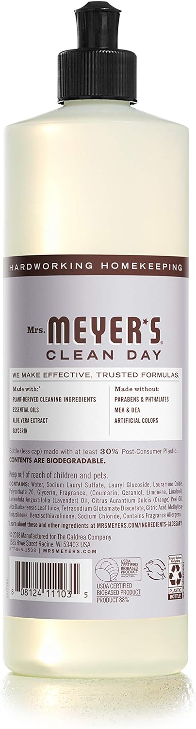 MRS. MEYER'S CLEAN DAY Liquid Dish Soap, Biodegradable Formula, Lavender, 16 fl. oz - Pack of 3
