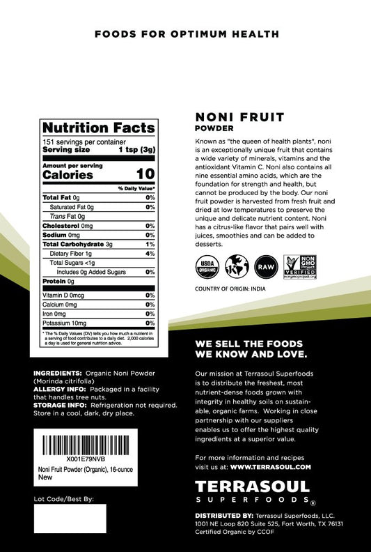 Terrasoul Superfoods Organic Noni Fruit Powder - 16 Ounces