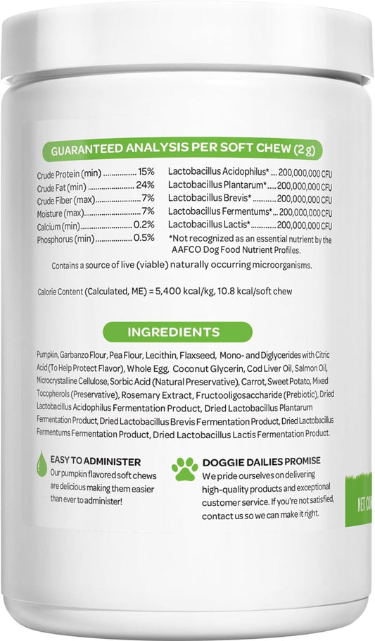 Doggie Dailies Probiotics for Dogs, 225 Soft Chews, Advanced Dog Probiotics with Prebiotics, Promotes Digestive Health, Supports Immune System and Overall Health (Pumpkin)