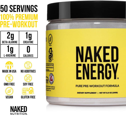 NAKED nutrition Naked Energy - Pure Pre Workout Powder for Men and Women, Vegan Friendly, Unflavored, No Added Sweeteners, Colors Or Flavors - 50 Servings