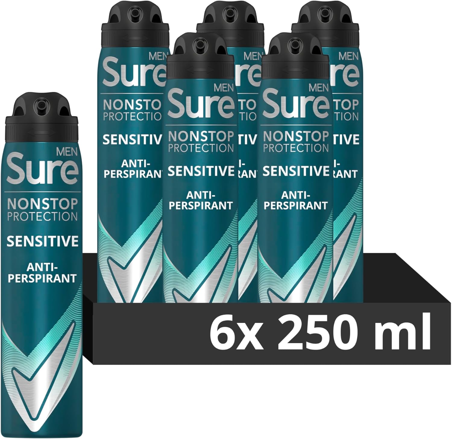 Sure Men Nonstop Protection Sensitive Anti-Perspirant Aerosol Men'S Deodorant Spray With Body Heat Activated Technology And A Clean Fragrance For 72 Hour Odour And Sweat Protection 6X 250 Ml