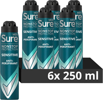 Sure Men Nonstop Protection Sensitive Anti-Perspirant Aerosol Men'S Deodorant Spray With Body Heat Activated Technology And A Clean Fragrance For 72 Hour Odour And Sweat Protection 6X 250 Ml
