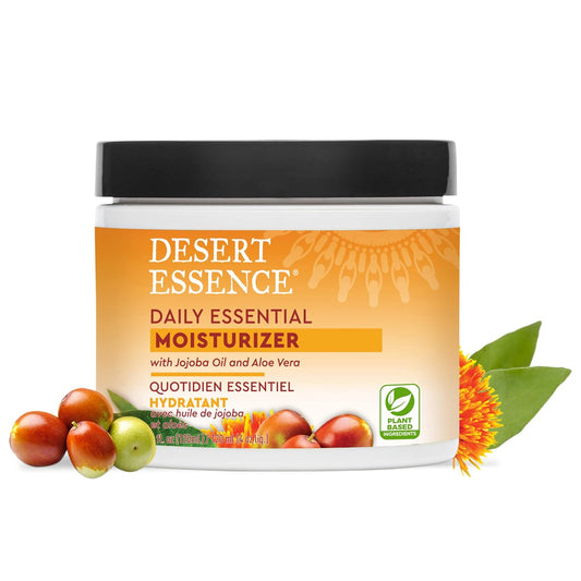 Desert Essence Daily Essential Moisturizer - Nourishing Jojoba, Organic Aloe Vera, Safflower & Geranium Oil - Light-Weight Soothing, Softening Facial Cream - Vegan, Non-Gmo, Sulfate & Sls Free - 4Oz
