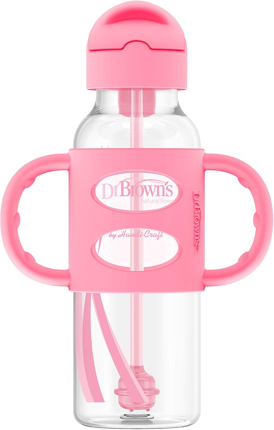 Dr. Brown's Milestones Narrow Sippy Straw Bottle, Spill-Proof with 100% Silicone Handles and Weighted Straw, 8 oz/250 mL, Gray & Pink, 6m+