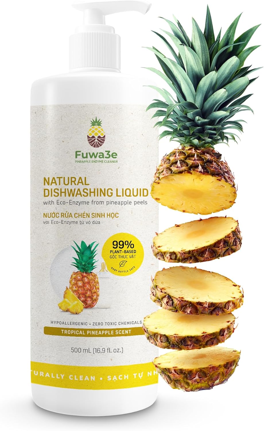 Fuwa3e Pineapple Enzyme Natural Dish Soap Tropical Pineapple Scent - 16.9oz 1 Pack - 99% Plant Based Dish Soap Liquid - Hypoallergenic Dish Soap from Discarded Pineapple Peels