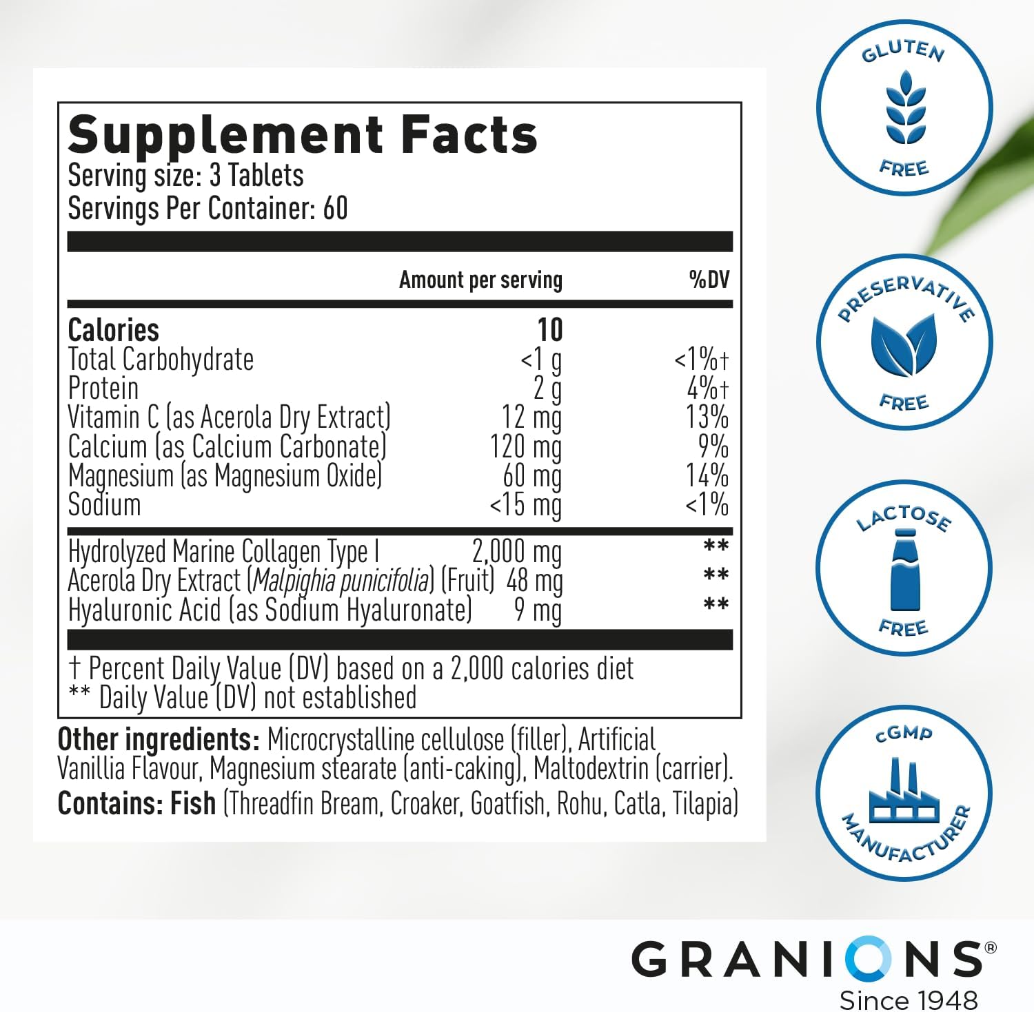Granions Marine Collagen Pills – 2000Mg Hydrolyzed Marine Collagen Peptides, Hyaluronic Acid, Vitamin C, Calcium, Magnesium – Skin, Hair, Nails, Pro Aging Hyaluronic Acid Supplements – 180 Tablets : Health & Household