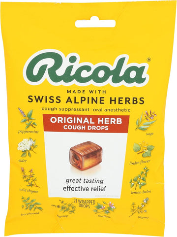 Ricola Original Swiss Herb Cough Suppressant Throat Drops, 21 Drops, Fights Coughs Naturally, Soothes Throats, Naturally Soothing Relief