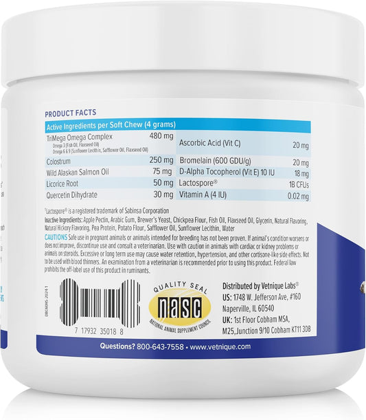 Vetnique Dermabliss Seasonal Dog Allergy Relief & Immune Support Supplement Allergy Chews For Dogs Itching And Licking With Omega 3 Fish Oil & Probiotics For Itch Relief - Vet Recommended (60Ct Chews)