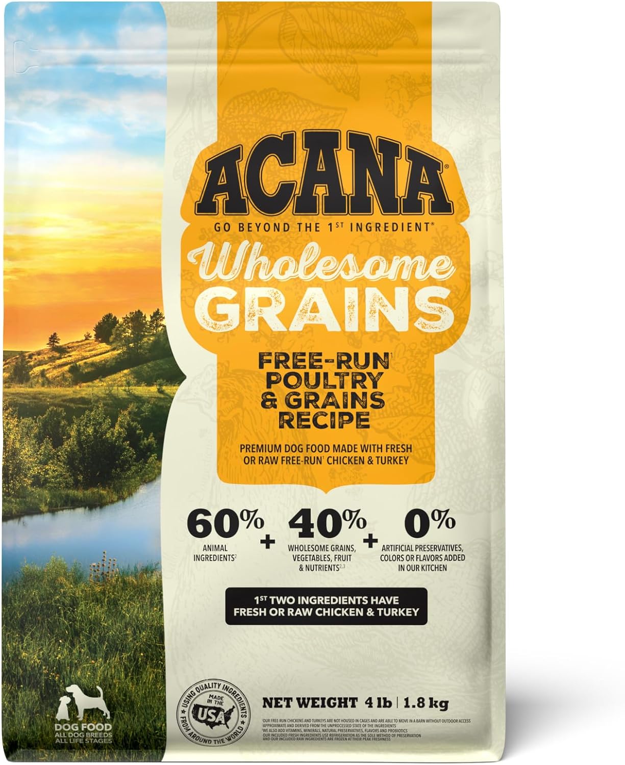 ACANA Wholesome Grains Dry Dog Food, Free-Run Poultry, Real Chicken & Turkey and Eggs Dog Food Recipe, 4lb