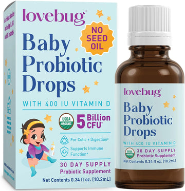 Lovebug Award Winning Usda Organic Probiotic For Infants & Babies | Helps With Colic, Reflux, Diarrhea, Constipation & Gas | Multi-Strain 5 Billion Cfu | Liquid Drops | Ages 0-24 Months