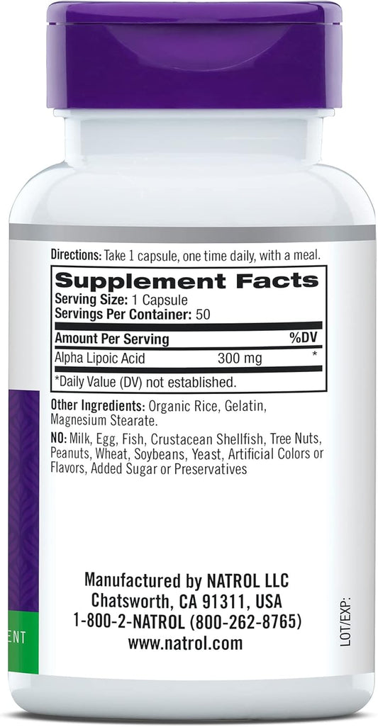 Natrol Alpha Lipoic Acid Capsules, Antioxidant Protection, ALA, Helps Protect Against Cellular Oxidation and Age-Related Damage, Whole Body Cell Rejuvenation, 300mg, 50 Count