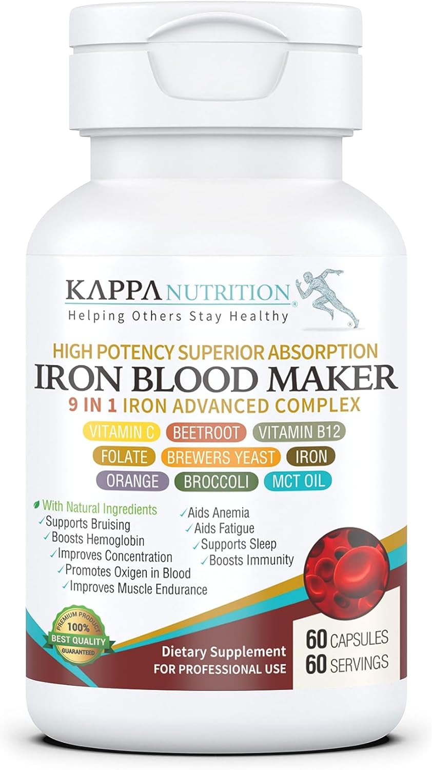 KAPPA NUTRITION (60 Capsules), Iron 26mg, Vitamin C & Orange 150mg, Folate 667mcg DFE, Vitamin B12, Beetroot, Brewers Yeast, Broccoli & MCT Oil 9 in 1 Advanced Complex from