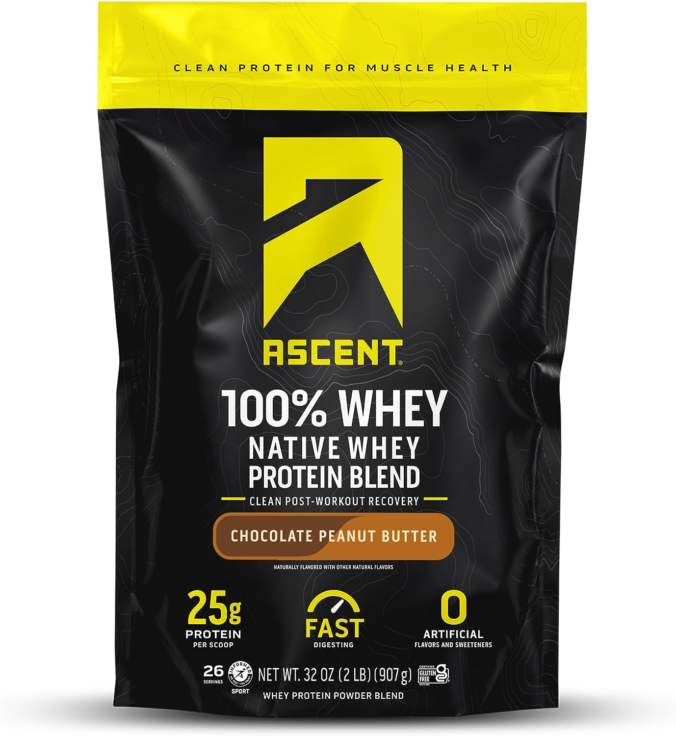 Ascent 100% Whey Protein Powder - Post Workout Whey Protein Isolate, Zero Artificial Flavors & Sweeteners, Gluten Free, 5.5g BCAA, 2.6g Leucine, Essential Amino Acids, Chocolate Peanut Butter 2 lb