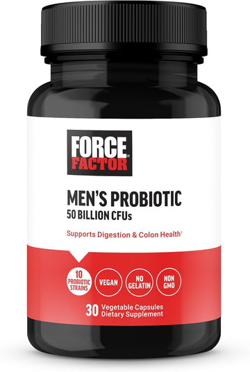 FORCE FACTOR Men?s Probiotic, Probiotics for Digestive Health with 50 Billion CFUs and 10 Probiotic Strains to Support Gut and Colon Health, and Daily Wellness, Non-GMO, Vegan, 30 Vegetable Capsules