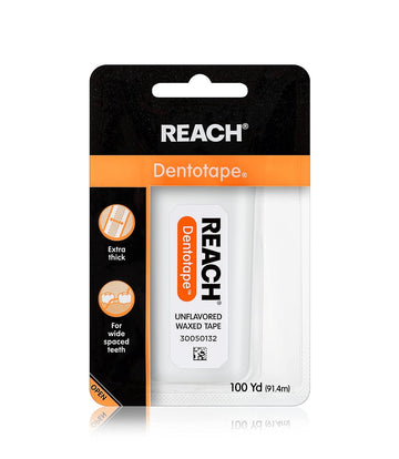 Reach Dentotape Waxed Dental Floss | Effective Plaque Removal, Extra Wide Cleaning Surface | Shred Resistance & Tension, Slides Smoothly & Easily, PFAS Free | Unflavored, 100 Yards, 1 Pack