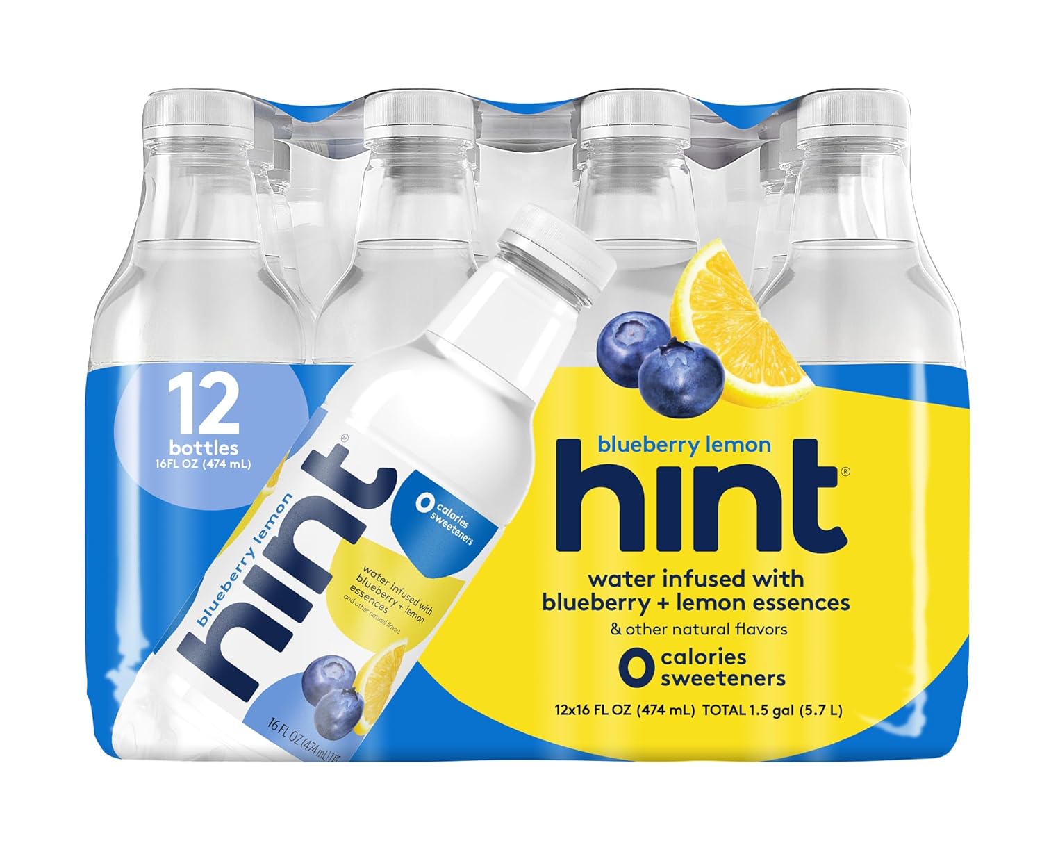 Hint Water Blueberry Lemon (Pack Of 12), 16 Ounce Bottles, Pure Water Infused With Blueberry And Lemon, Zero Sugar-Calories-Sweeteners-Preservatives-Artificial Flavors, 16 Fl Oz (Pack Of 12)